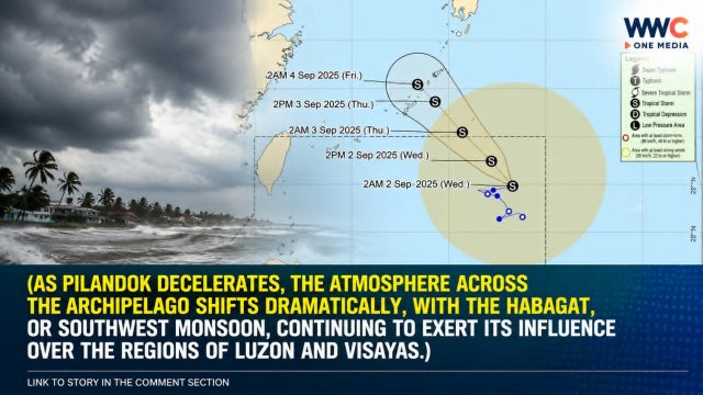PILANDOK DECELERATES, THE ATMOSPHERE ACROSS THE ARCHIPELAGO SHIFTS DRAMATICALLY,WITH THE HABAGAT,OR SOUTHWEST MONSOON,CONTINUING TO EXERT ITS INFLUENCE OVER THE REGIONS OF LUZON AND VISAYAS