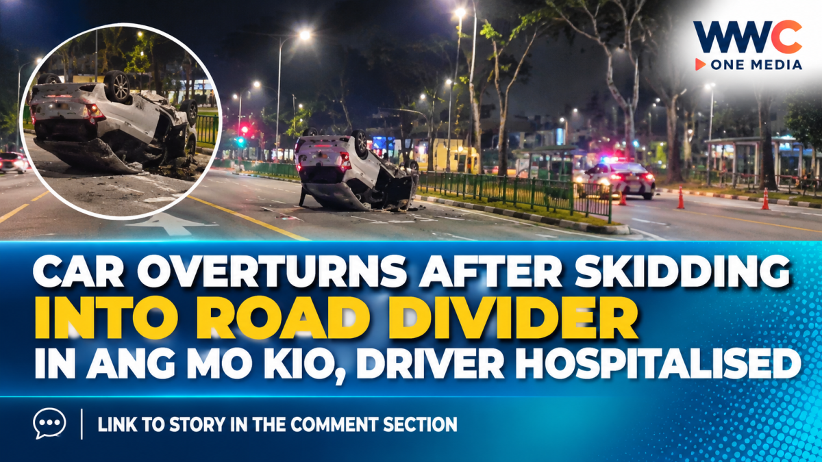 Car Overturns After Skidding Into Road Divider in Ang Mo Kio, Driver Hospitalised