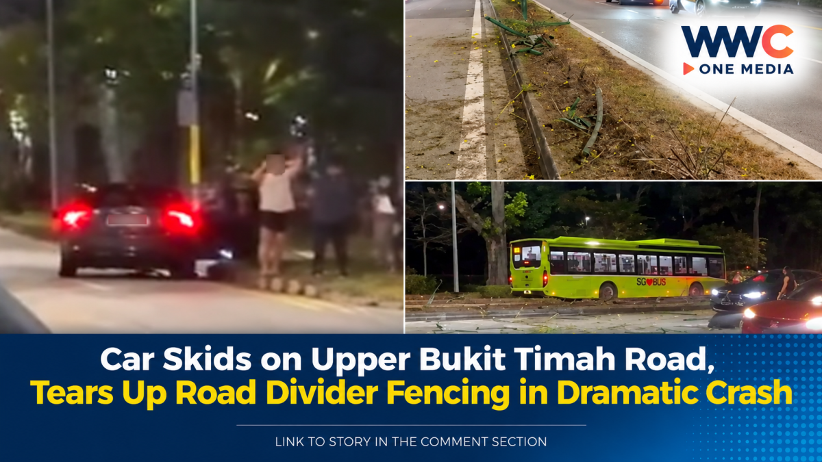 Car Skids on Upper Bukit Timah Road, Tears Up Road Divider Fencing in Dramatic Crash