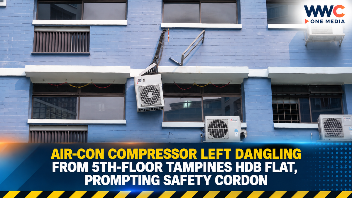 Air-Con Compressor Left Dangling From 5th-Floor Tampines HDB Flat, Prompting Safety Cordon