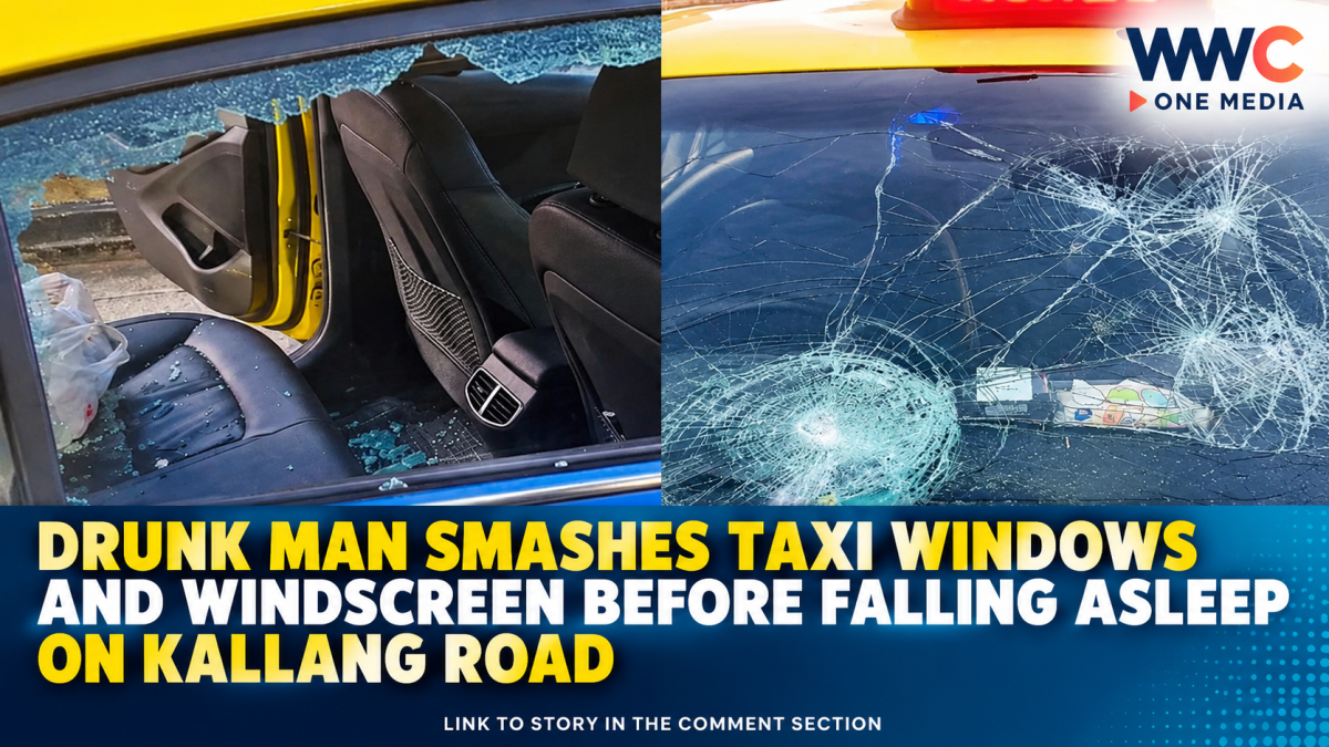 Drunk Man Smashes Taxi Windows and Windscreen Before Falling Asleep on Kallang Road