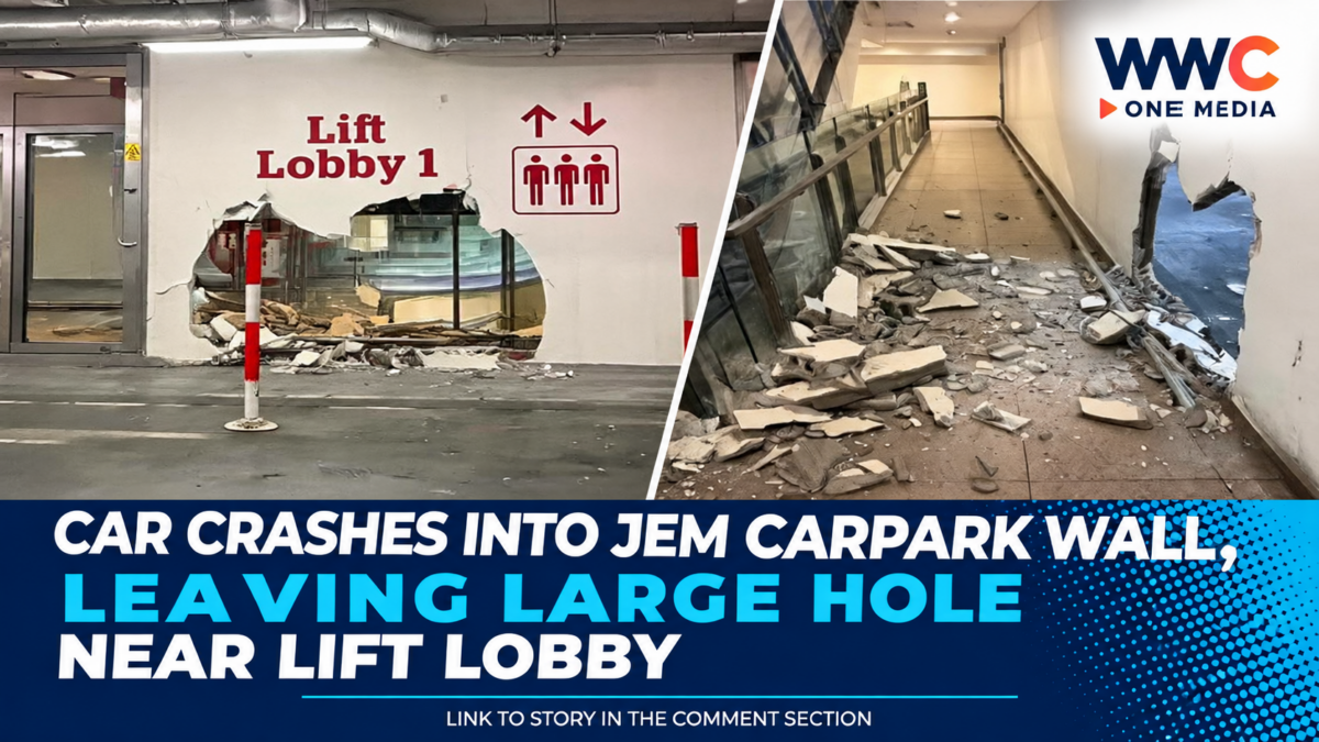 Car Crashes Into JEM Carpark Wall, Leaving Large Hole Near Lift Lobby